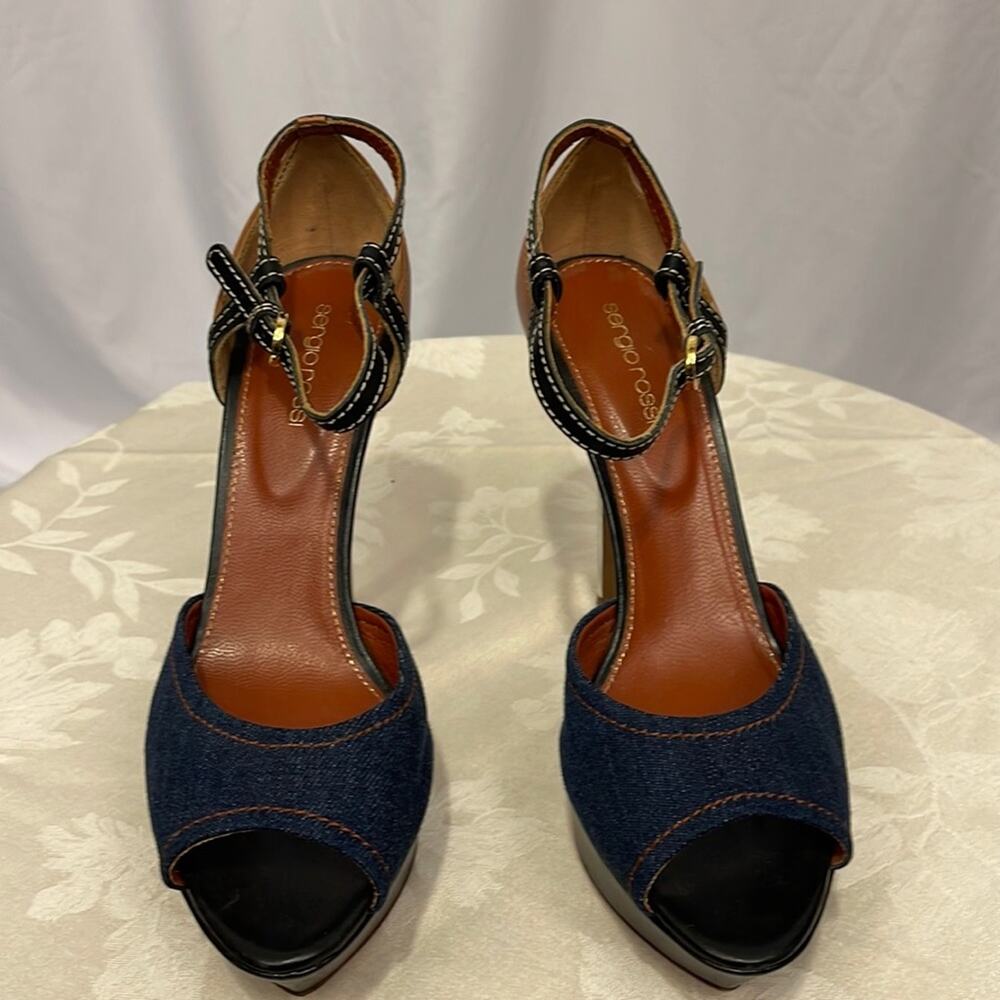 Sergio Rossi  Leather Denim Platform Sandal Size 40 USA 10 BNWOB